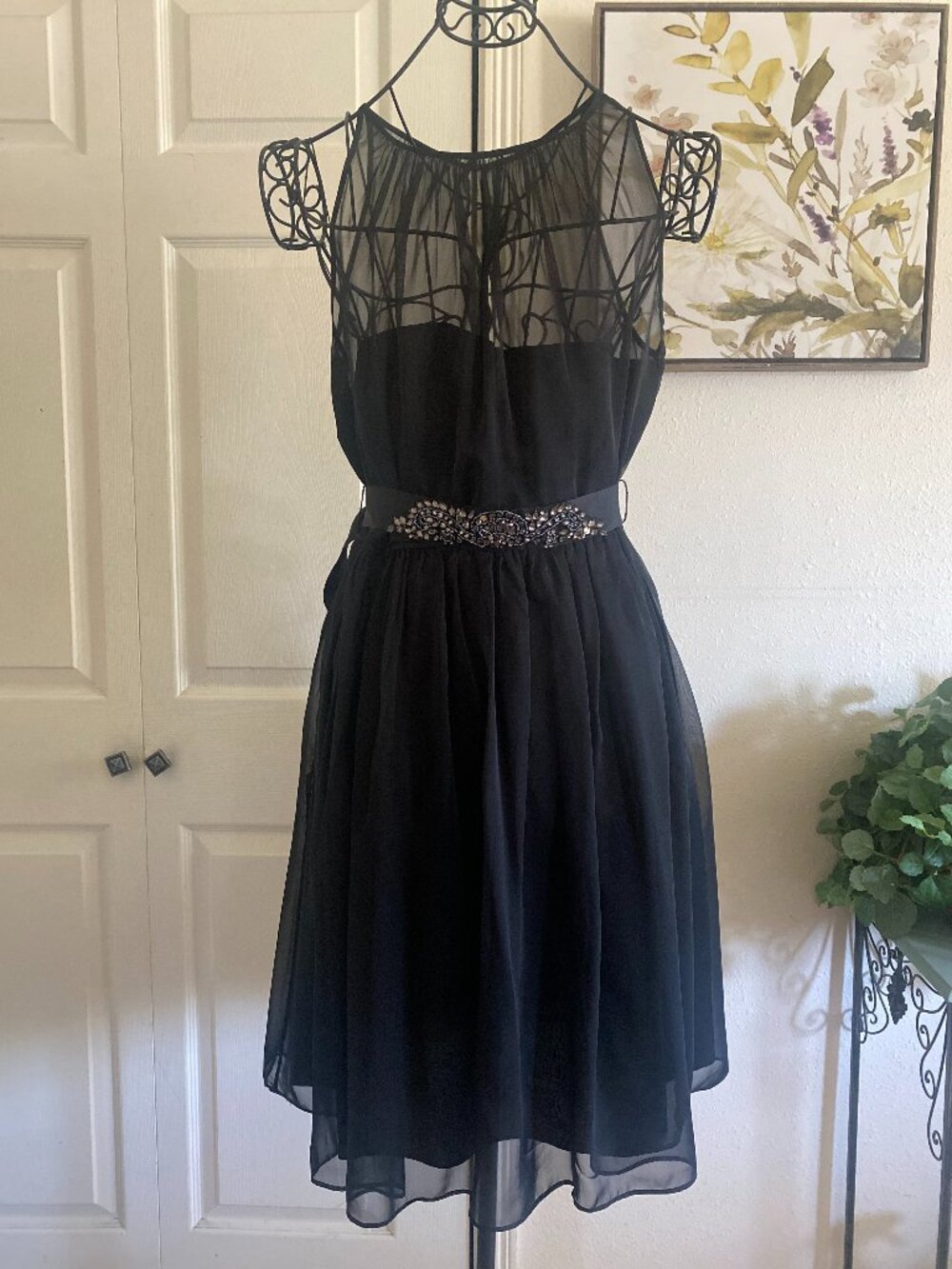 Adrianna Papell Black Midi Dress with Embellished Waist